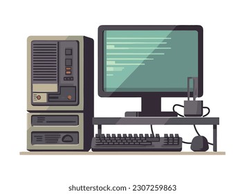 Modern computer desk with equipment icon isolated