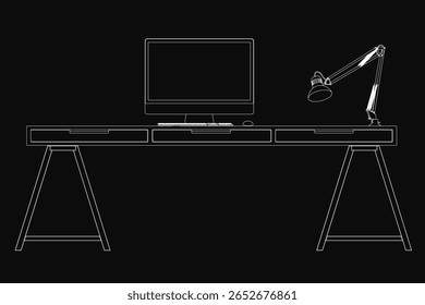 Uma mesa de computador moderna apresenta um monitor elegante, teclado wireless, mouse ergonômico e lâmpada ajustável contra um fundo escuro. A configuração é ideal para um escritório doméstico ou espaço de trabalho profissional.