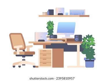 Moderno espacio de trabajo para ordenadores en un entorno aislado. Simple espacio de trabajo en casa, ilustración vectorial plana