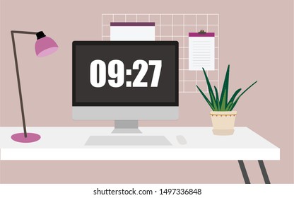 Modern Computer Desktop Workspace Home Office Environment with Lamp and Plant  - Flat Vector Graphic Illustration