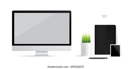 Modern computer display with blank screen area on white background and office object set. Vector illustration.