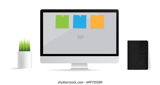Modern computer display with blank screen area on white background. With office object set notebook and decoration plants. Vector illustration.