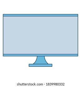 Icono de visualización de equipo moderno. Pantalla de TV en el estrado. Icono vectorial de color aislado en fondo blanco. logotipo de pantalla lcd. Televisión azul en el estrado. Clipart para diseño web, sticker, ajustes, burla, bujo