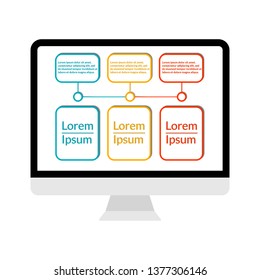 Modern computer display with Infographic data visualization template with 3 options and place for text. For process chart, report, banner, workflow, business presentation. Vector EPS 10 illustration