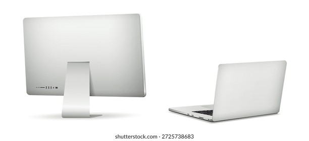 Pantalla de computadora moderna y vista posterior del ordenador portátil aislados en el fondo blanco