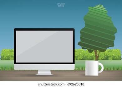 Modern computer display on wood desk with green natural area. Abstract background working space. Vector illustration.