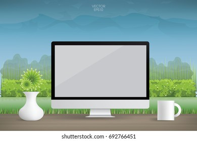 Modern computer display on wood desk with green natural area. Abstract background working space. Vector illustration.