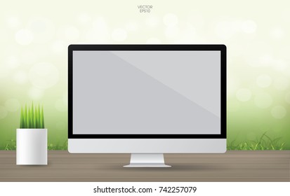 Modern computer display on wooden table with green natural area. Abstract background working space. Vector illustration.