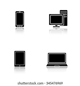 Modern computer electronics drop shadow icons set. Digital devices. Desktop pc with monitor, portable tablet pc, laptop and smartphone. Cast shadow logo concepts. Vector black silhouette illustrations