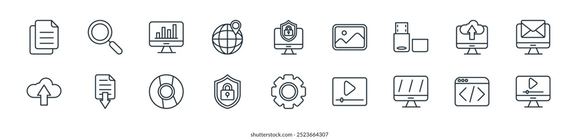 Perfecto para diseños de interfaz de usuario lineal que incluyen editor de Vector Video, programación de Web Video, monitor, editor, Ting, seguridad cibernética, CD y más iconos para móviles y Web