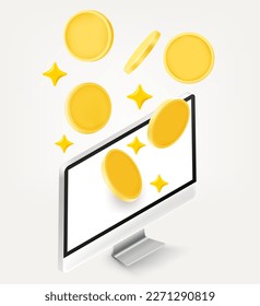 Modern computer with golden coins. 3d vector illustration isolated on white background