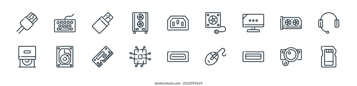 modern computer hardware icon pack. perfect for linear ui designs featuring vector  , webcam, usb port, mouse clicker, hdmi port, chip, ram and more icons for mobile and web apps.