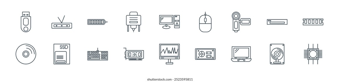 moderno computador e hardware ícone pack. perfeito para projetos de interface de usuário linear com processador vetor, disco rígido, laptop, fonte de alimentação, monitor, placa vga, teclado e mais ícones para celular e web