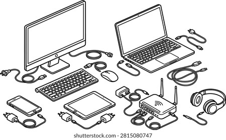 Modern computer hardware and office workspace isometric line icon set featuring desktop computer, laptop, tablet, smartphone, keyboard, mouse, monitor, router, headphones, stylus, cables, USB devices, and technology accessories. Clean outline vector illustrations ideal for IT support, office setup, remote work, web design, mobile apps, SaaS platforms, technology presentations, digital workspace projects.