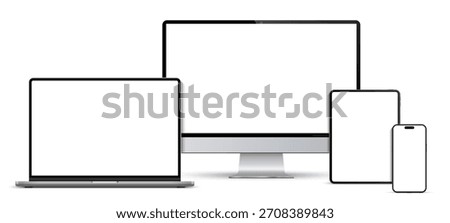 Modern computer, laptop, tablet, smartphone mockup front view, notebook mockup and phone device mockup ui ux app, set technology devices with empty display, digital devices screen template isolated