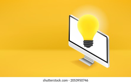 Computadora moderna con bombilla. Concepto de idea. Banner del vector con espacio de copia