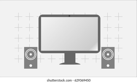 A modern computer and loudspeakers. Flat design.
Gray screen. LCD panel