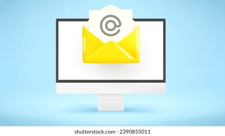 Modern computer with mail icon. New message concept. 3d vector mockup