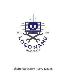 Modern computer maintenance and service logo vector. The icon can apply to shop store, market, business agent, supplier of PC hardwear or software. Flat modern vintage look. Cyber anonymous hacker man