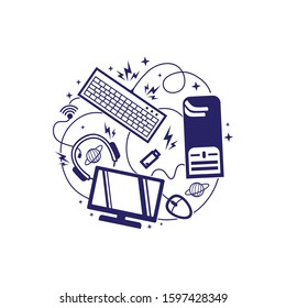 Modern computer maintenance and service logo vector. The icon can apply to shop store, market, business agent, supplier of PC hardwear or software. Flat modern vintage look. Cyber anonymous hacker man