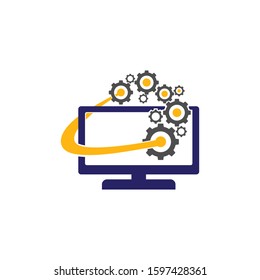 Modern computer maintenance and service logo vector. The icon can apply to shop store, market, business agent, supplier of PC hardwear or software. Flat modern vintage look. Cyber anonymous hacker man