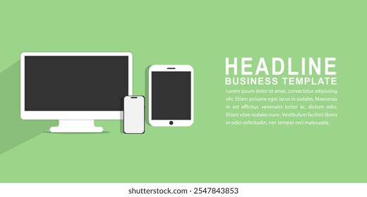 Maqueta moderna de la computadora con el fondo del espacio del texto Smartphone y la maqueta de la tableta aislados en el fondo verde. Maqueta y maqueta del dispositivo del teléfono para el App de ui ux y la presentación del Sitio web. Vector de stock.