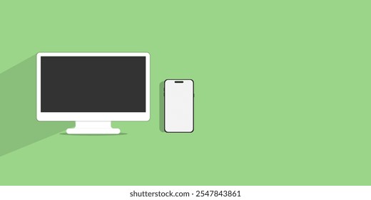 Modern computer mockup with text space background smartphone and tablet mockup isolated on green background. mockup and phone device mockup for ui ux app and website presentation.Stock Vector.