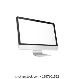 Modern computer monitor with blank white screen - realistic 3D mockup. Silver PC with empty flat display seen from sideways, isolated template vector illustration on white background.