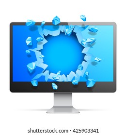 Modern computer monitor with broken blue screen