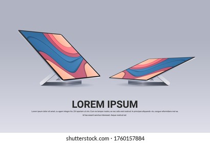 modern computer monitor with colored screen realistic mockup gadgets and devices concept different angles view horizontal copy space vector illustration
