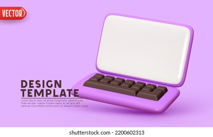 Modern Computer Monitor With Keyboard. Web Page Template Landing Page. Desktop Computer Screen Template. Realistic 3d Cartoon Style Design. Isolated On Lilac Background. Vector Illustration