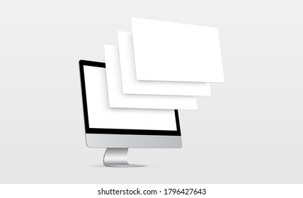 Modern computer monitor mockup with blank wireframing pages. Concept for showcasing web-design projects. Vector illustration