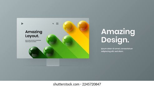 Modern computer monitor mockup landing page illustration. Amazing site screen vector design template.