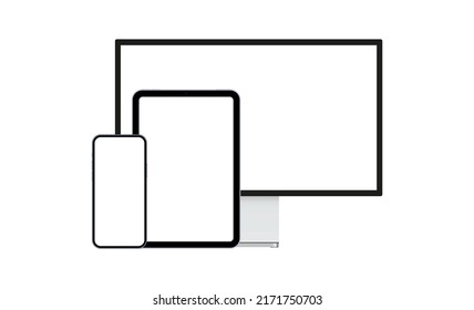 Modern Computer Monitor, Smartphone, Tablet With Blank Screens, Isolated on White Background. Vector Illustration