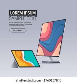 modern computer monitor and tablet with colored screens realistic mockup gadgets and devices concept copy space vector illustration