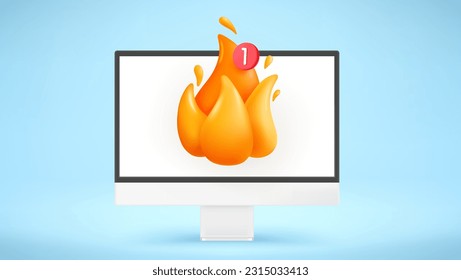 Modern computer with new hot message icon. Hot message concept. 3d vector mockup