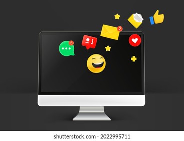 Computadora moderna con notificaciones e iconos de medios sociales