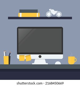 Modern computer office desk with flat design