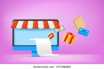 Modern computer with paper check. Online shopping concept