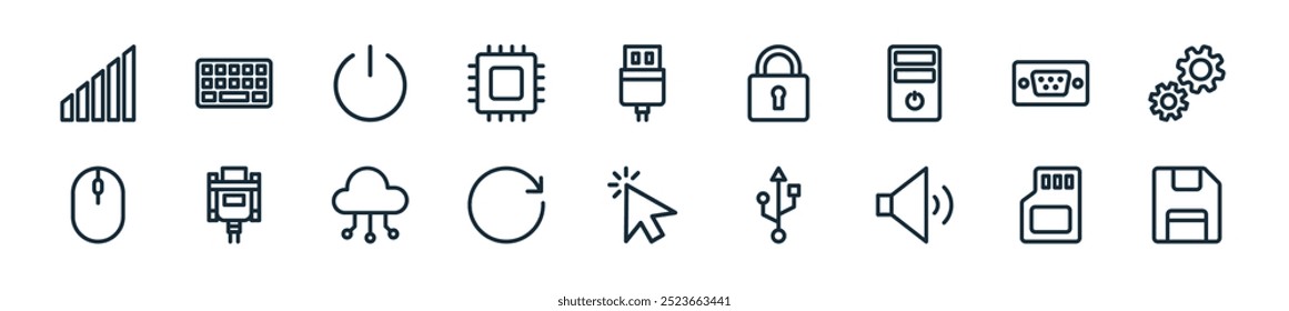 modernes Computerteil-Symbolpaket. perfekt für lineare ui-Designs mit Vektordiskette, , Sound, USB, Click, Restart, Daten und mehr Icons für mobile und Web-Apps.