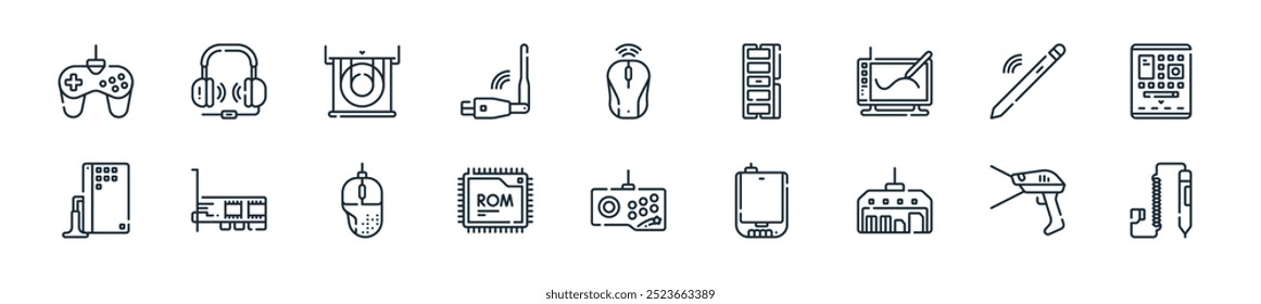 modern computer peripherals icon pack. perfect for linear ui designs featuring vector light pen, barcode, card reader, scanner, joystick, rom, mouse and more icons for mobile and web apps.