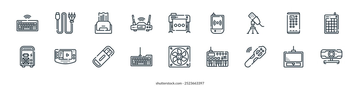 pacote de ícones de periféricos de computador moderno. perfeito para designs de ui lineares com webcam vetorial, touchpad, laser, midi, ventilador, teclado, unidade flash e mais ícones para aplicativos móveis e da web.