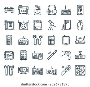 modern computer peripherals icon pack. perfect for linear ui designs featuring vector fan, laser, joystick, midi, portable and more icons.