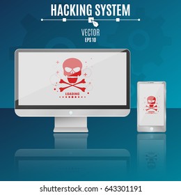 Modern computer and phone on a blue background. Hacking system. Red skull on a light screen. Hi-tech. Vector illustration. ESP 10