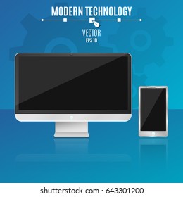 Modern computer and phone on a blue background. Empty, black screen of the monitor. Hi-tech. Vector illustration. ESP 10