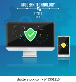 Modern computer and phone on a blue background. System security. Shield with multi-colored symbols on a light screen in a flat style. Hi-tech. Vector illustration. ESP 10
