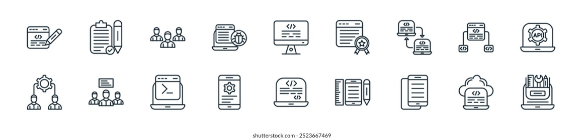Icon Pack für moderne Computerprogrammierung. perfekt für lineare ui-Designs mit Vektortoolkit, Cloud-Codierung, Mobiltelefonen, ui de, Programmierung, App-Entwicklung, Befehlszeile und mehr Symbolen für