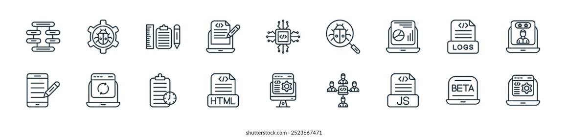 pacote de ícones de programação de computador moderno. perfeito para projetos de interface de usuário linear com otimização vetor web, laptop, arquivo js, código, desenvolvedor de software, arquivo html, projeto e mais ícones para celular e