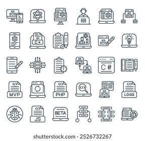 pacote de ícones de programação de computador moderno. perfeito para projetos de interface de usuário linear com bug vetor, dependências, aorithm, laptop, arquivo js e mais ícones.