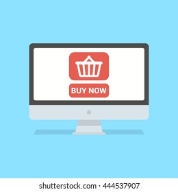 Modern computer with shopping basket icon isolated on background. Online shopping concept